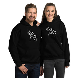 man and woman wearing a black elephant hoodie